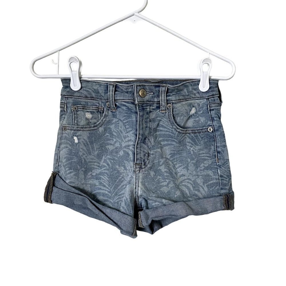 American Eagle super hi-rise shortie shorts denim pineapple design medium wash